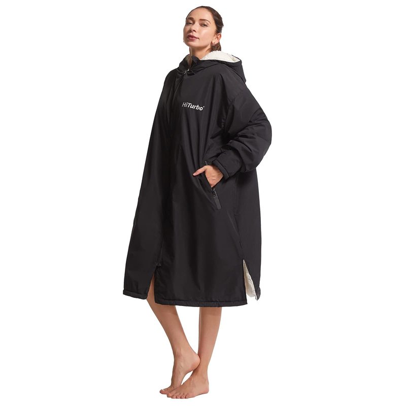 Hiturbo Warm Waterproof Swim Parka: Oversized Hooded Changing Robe - Sherpa Liner Swimming Coat - Recycled Fabric Surf Poncho (Black)