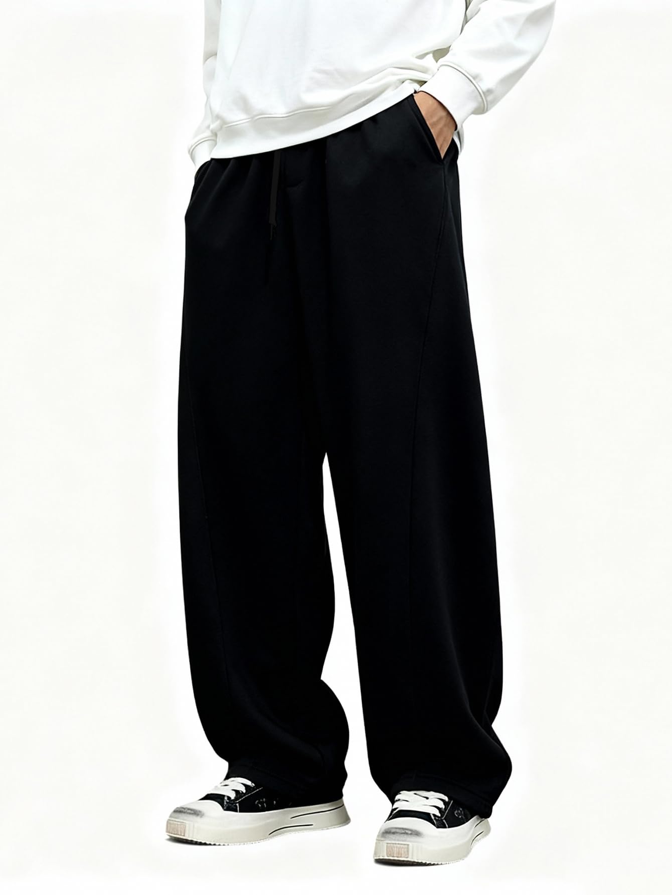 SOLY HUX Men's Athletic Sweatpants 2 Packs Drawstring Elastic Waist Wide Leg Baggy Sports Pants Black and Grey Small