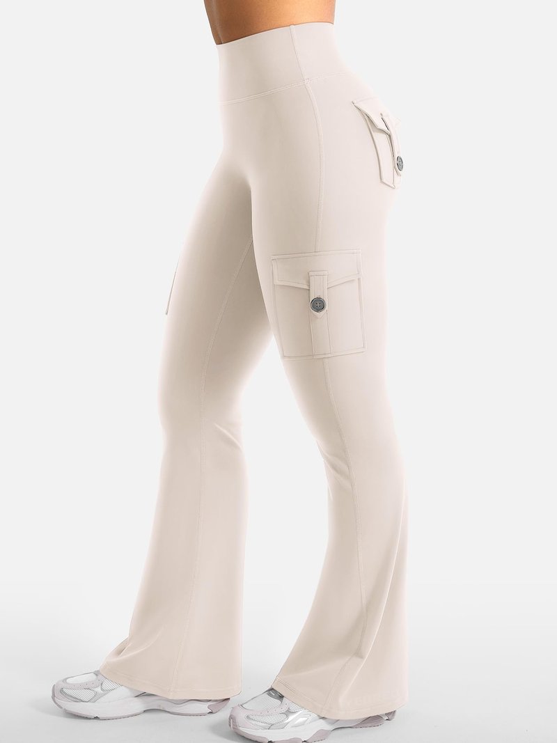 YEOREO CoreFlex Women Workout Flare Leggings with Pockets Hidden Scrunch High Waisted Cargo Gym Yoga Leggings Light Khaki XL