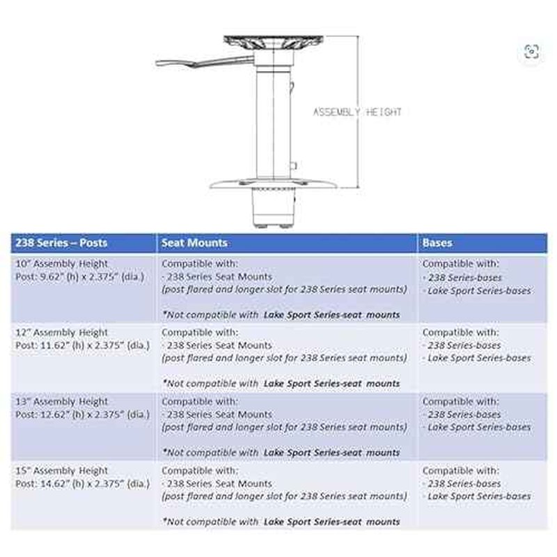 Attwood 238613-3 Fixed Height 12.6" Seat Extension Post for 13" 238 Series Seat Pedestal Assembly.