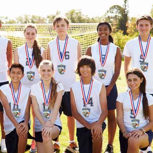 Remuuly Award Medals Bulk Soccer Football Basketball Tennis Cheer Metal Winner Award Medals 3.35'' Shield Shape with Neck Ribbons Sport Team Participation Prize Gift
