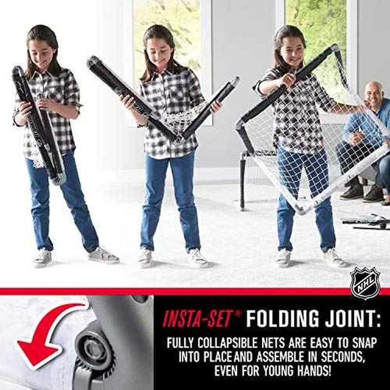 Franklin Sports NHL Kids Mini Hockey Goal Set - (2) Mini + Knee Hockey Goals, (4) Youth Sticks, (2) Goalie Sticks + (4) Foam Balls - Knee + Mini Hockey Set