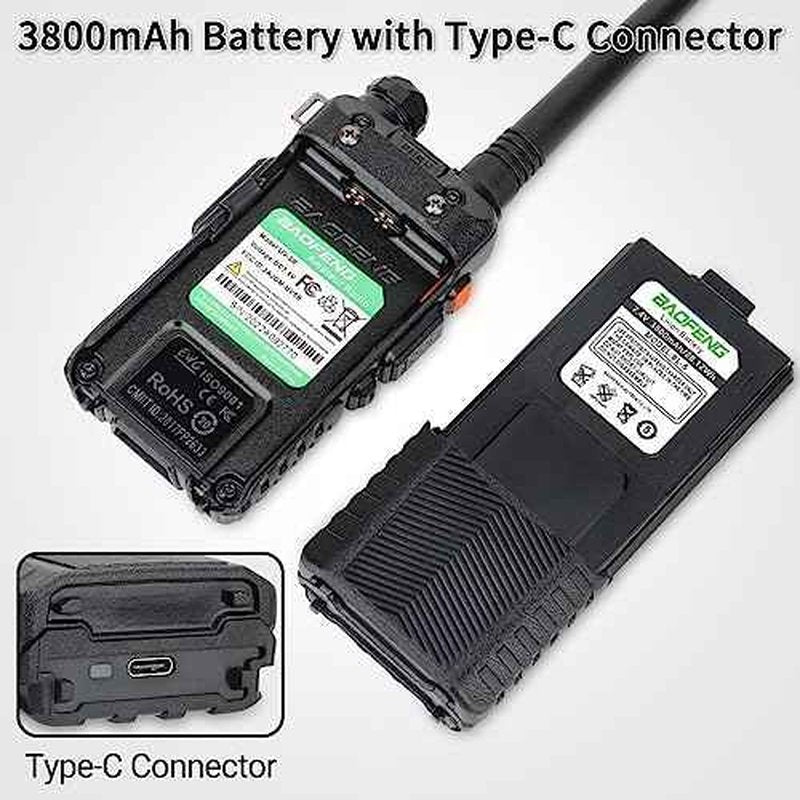 BAOFENG UV-5R Battery 3800mAh USB-C Charging Extended High Capacity Ham Radio Battery UV5R BF-8HP UV-5R Series Radios with Type-C Charging Cable,2Pack