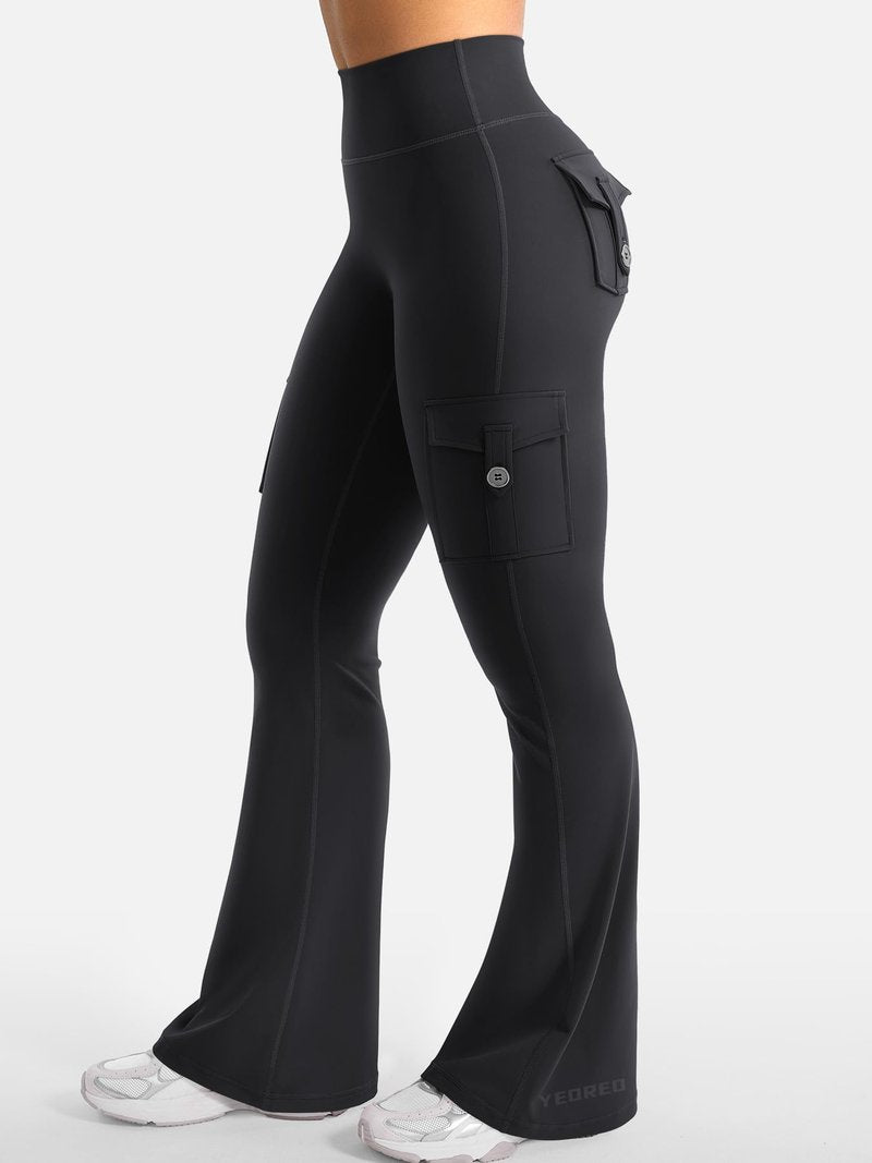 YEOREO CoreFlex Women Workout Flare Leggings with Pockets Hidden Scrunch Cargo Gym Yoga No Front Seam Leggings Black XS