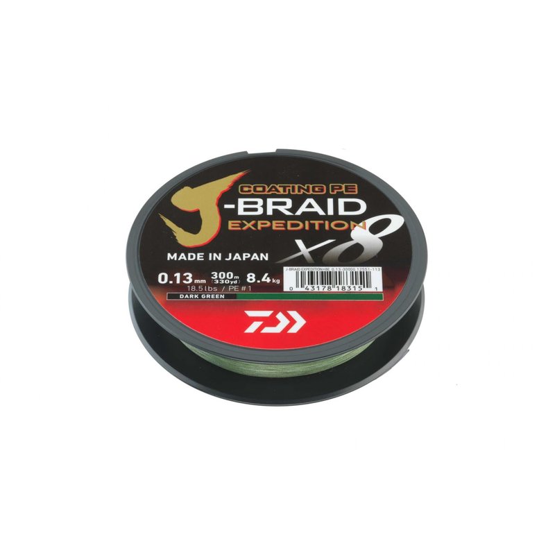 DAIWA J-Braid Expedition X8E, 0.22mm, 19.5kg/43.1lbs, 330yds, Dark Green, Braided Fishing Line