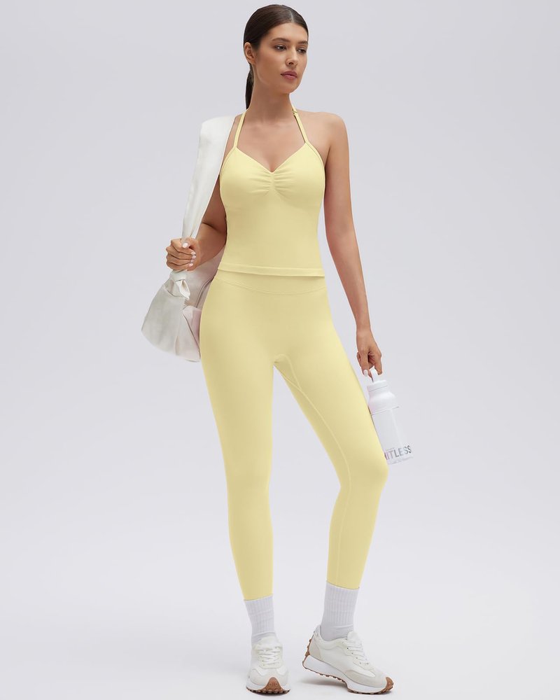 SUUKSESS Impact Longline Strappy Top Halter Workout Top for Women Padded Backless Sport Gym Tank with Adjustable Strap (Pale Yellow, XS)
