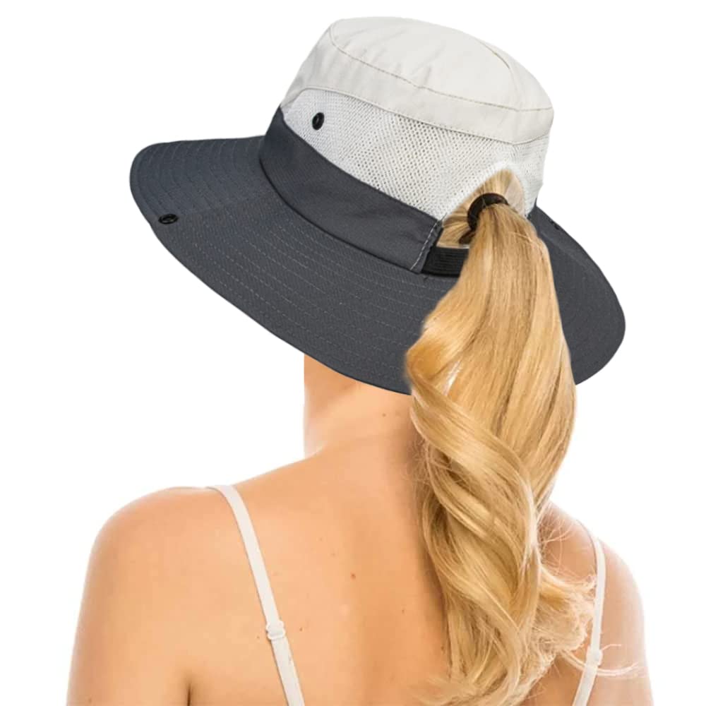 Women's Outdoor UV-Protection-Foldable Sun-Hats Mesh Wide-Brim Beach Fishing Hat with Ponytail-Hole Beige/Grey