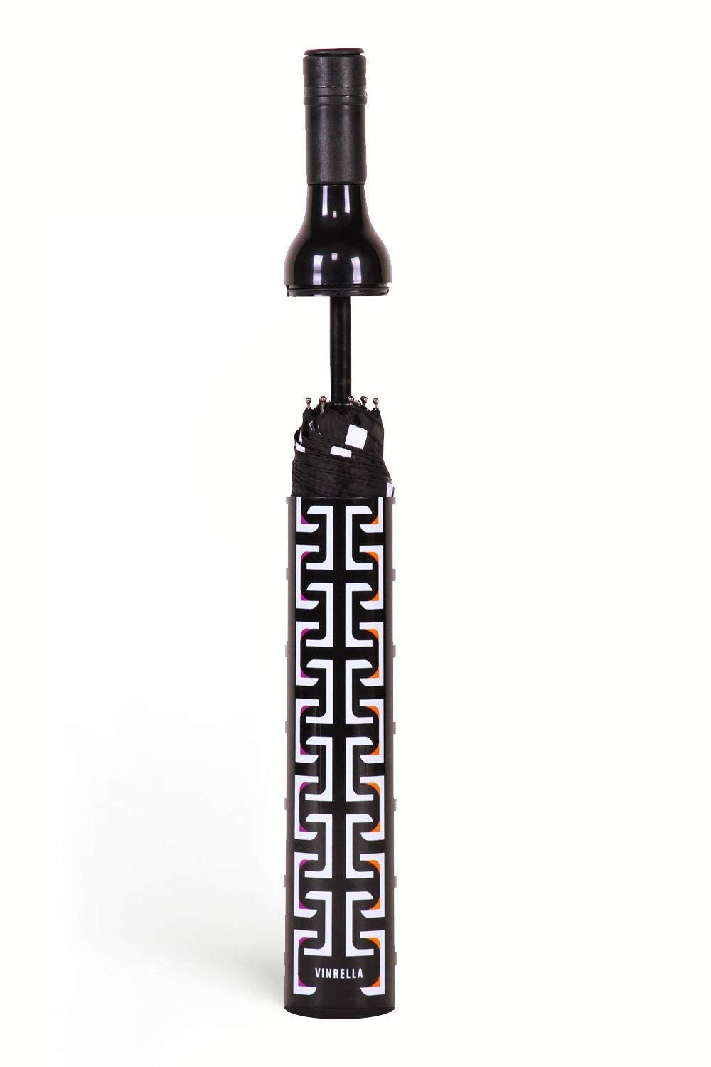 VINRELLA Wine Bottle Umbrella - Black Geometric Print - Portable and Compact, Waterproof and Windproof, UV Blocker
