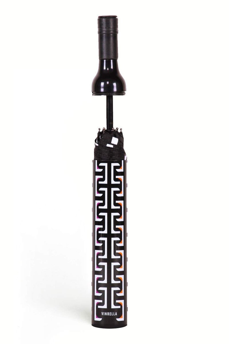 VINRELLA Wine Bottle Umbrella - Black Geometric Print - Portable and Compact, Waterproof and Windproof, UV Blocker
