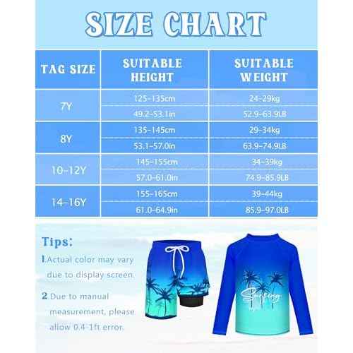 Boys Rash Guard Swim Set with Swim Trunks Bathing Suit Long Sleeve Swim Shirt Quick Dry Swimsuit Kids Swimwear Size 7-16