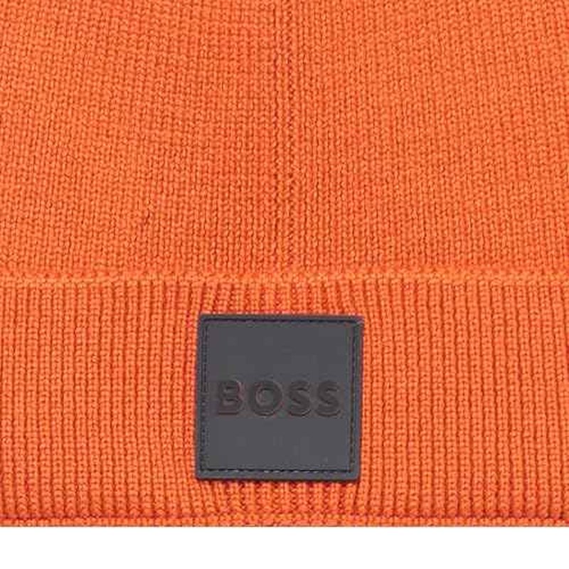 BOSS Men's Ribbed Beanie with Felt Woven Center Logo