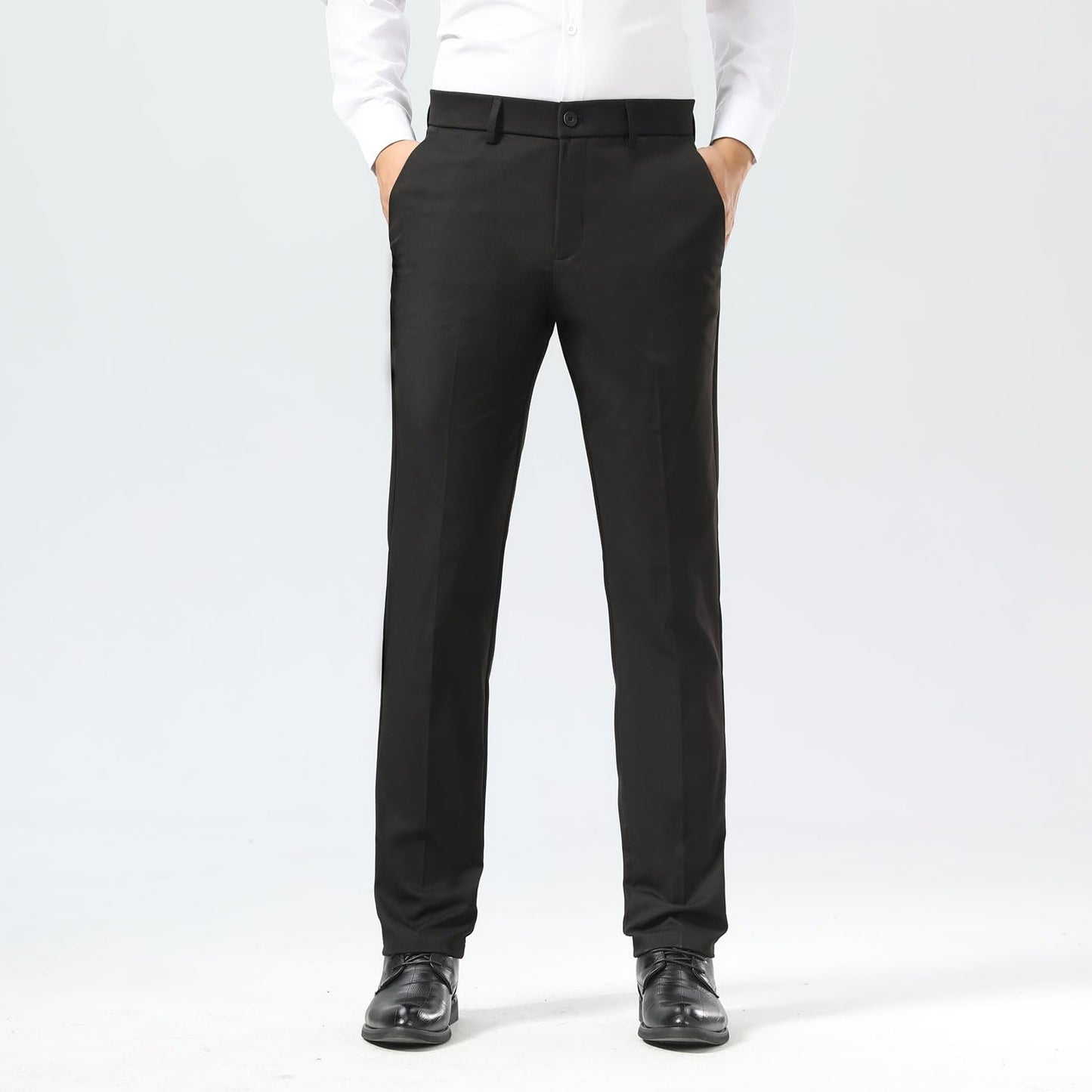 Plaid&Plain Men's Dress Pants Slim Fit Stretch Khaki Pants Wrinkle Free 8802 Black 34x28