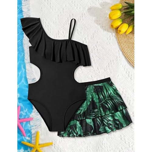 Girls One Piece Swimsuits Cut Out Swimsuit with Mesh Skirt Ruffle Girls Bathing Suit 9-16 Years Summer Beach Swimwear