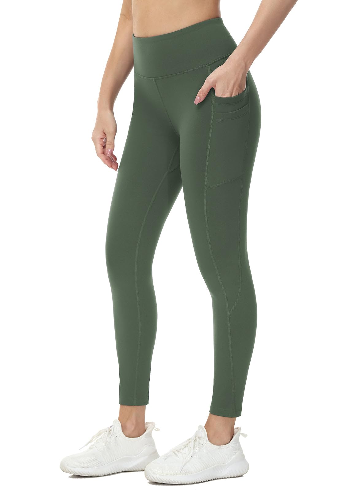 baleaf Fleece Lined Leggings Women Water Resistant 25" Petite Winter Warm Legging Thermal Running Tights Yoga Hiking Pants Green L