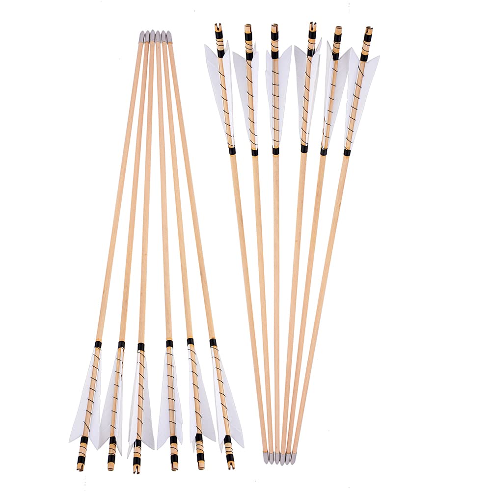ZSHJGJR 32" Traditional Wooden Arrows Archery Hunting Arrows Wooden Arrow Shaft Arrows Practice Targeting with Turkey Feathers Fletching for Traditional Recurve Bow Longbow 6/12pcs (White, 12)