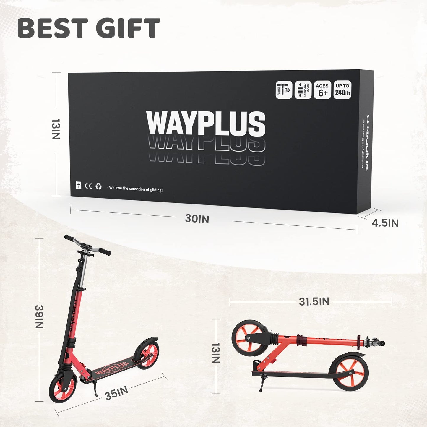WAYPLUS Lightweight Kick Scooter for Kids, Teens and Adults, Foldable, 8-Inch Non-Slip Deck, ABEC9 Bearing, Adjustable Height 3.9-6.2FT, Red