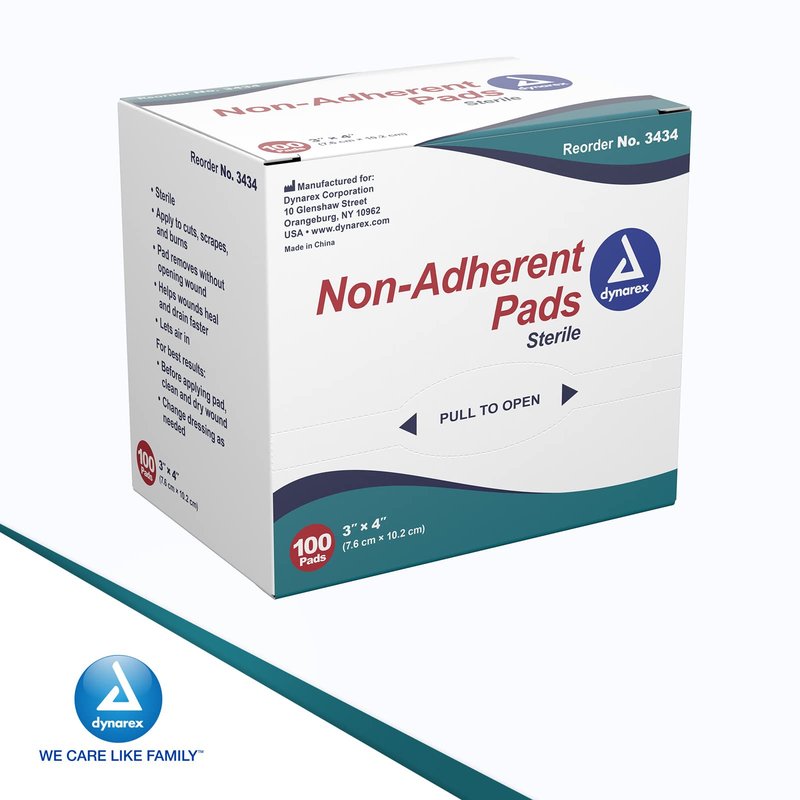 Dynarex Non-Adherent Pads-Sterile, Individually Packaged, Non-Stick Wound and Burn Care, Soft & Highly Absorbent, 3” x 4”, 1 Box of 100 Non-Adherent Pads-Sterile