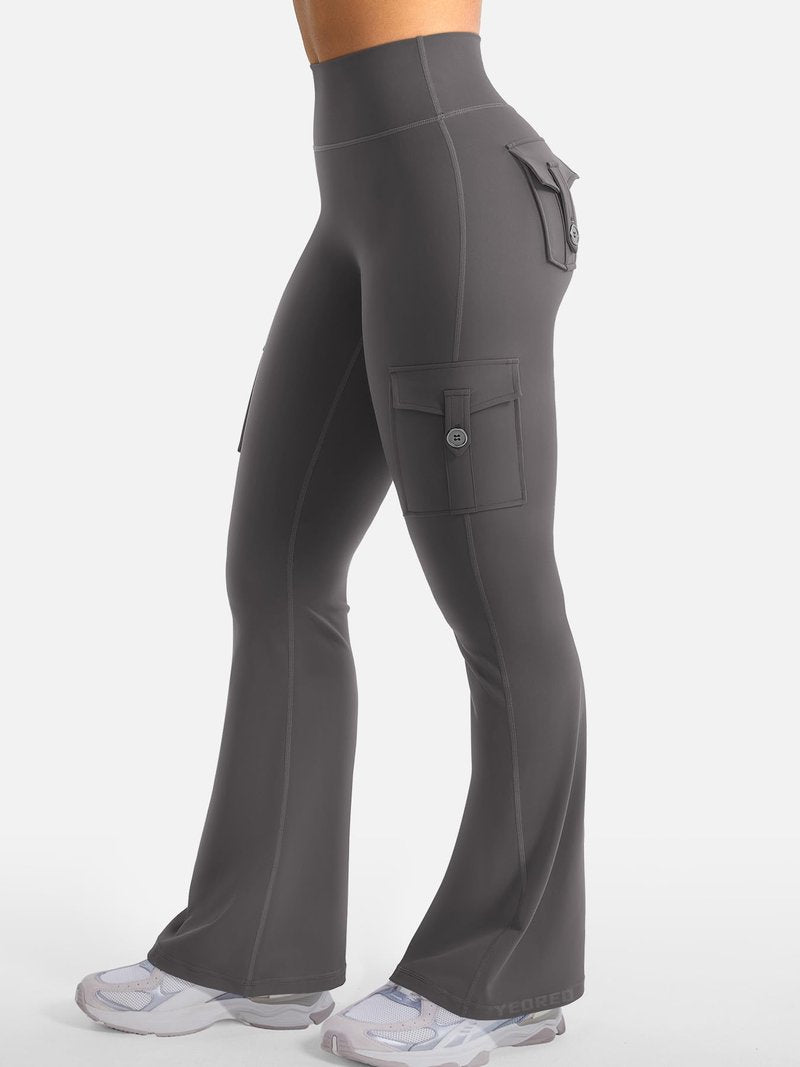 YEOREO CoreFlex Women Workout Flare Leggings with Pockets Hidden Scrunch High Waisted Cargo Gym Yoga No Front Seam Leggings Dark Grey XS
