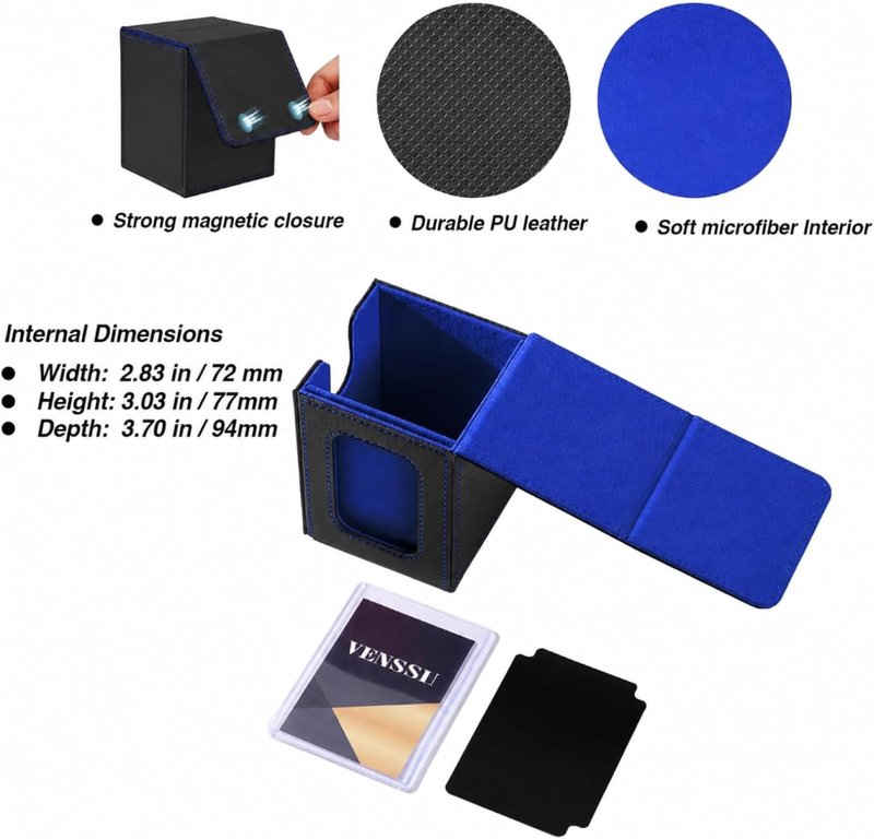 MTG Deck Box for Commander | Holds 100 Double Sleeved Cards - Black/Blue with Dividers & Toploader