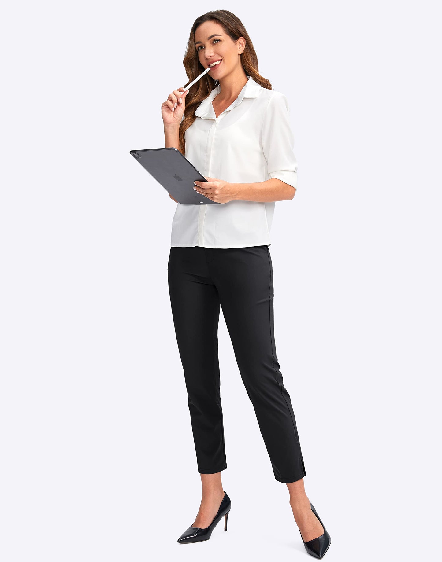 YYV Women's Golf Pants Stretch Work Ankle Pants High Waist Dress Pants with Pockets for Yoga Business Travel Casual(Black Large)