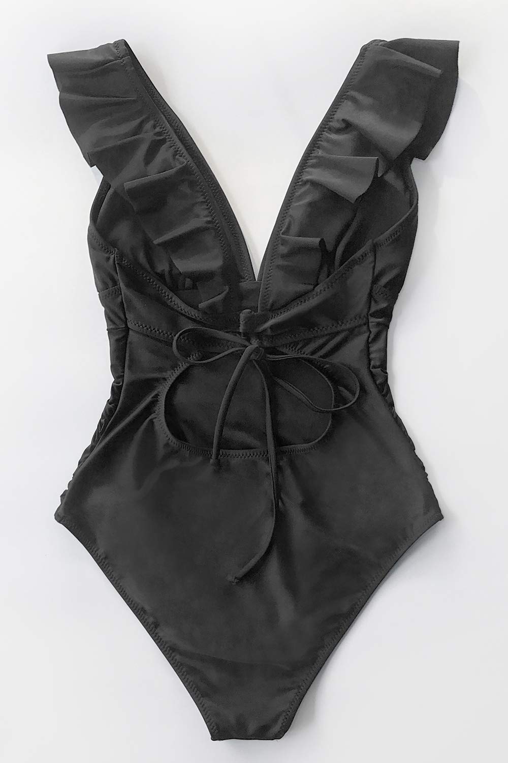 CUPSHE Women's Ruffled Lace Up One Piece Swimsuit, L Black