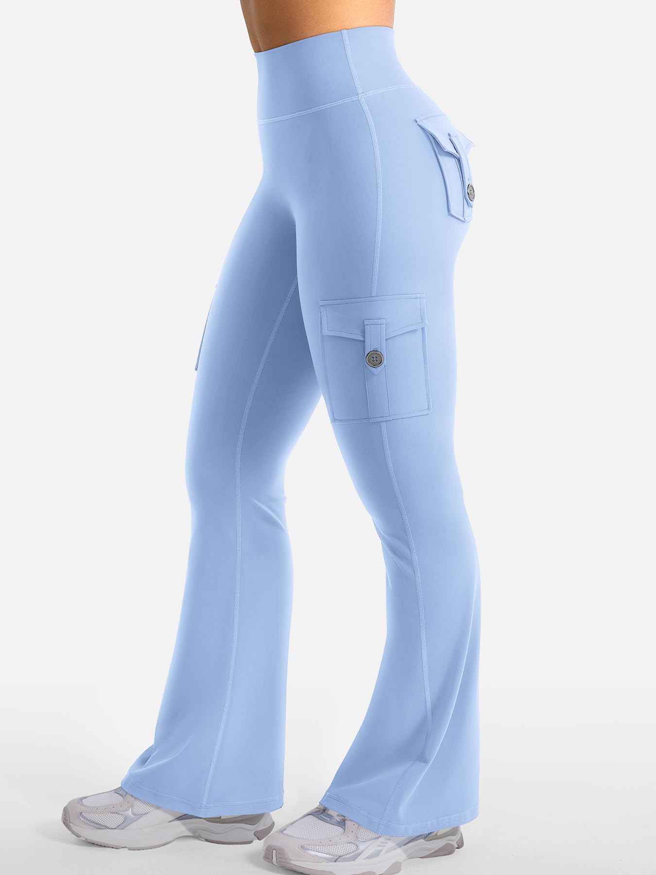 YEOREO CoreFlex Women Workout Flare Leggings with Pockets Hidden Scrunch High Waisted Cargo Gym Yoga No Front Seam Leggings Light Blue S