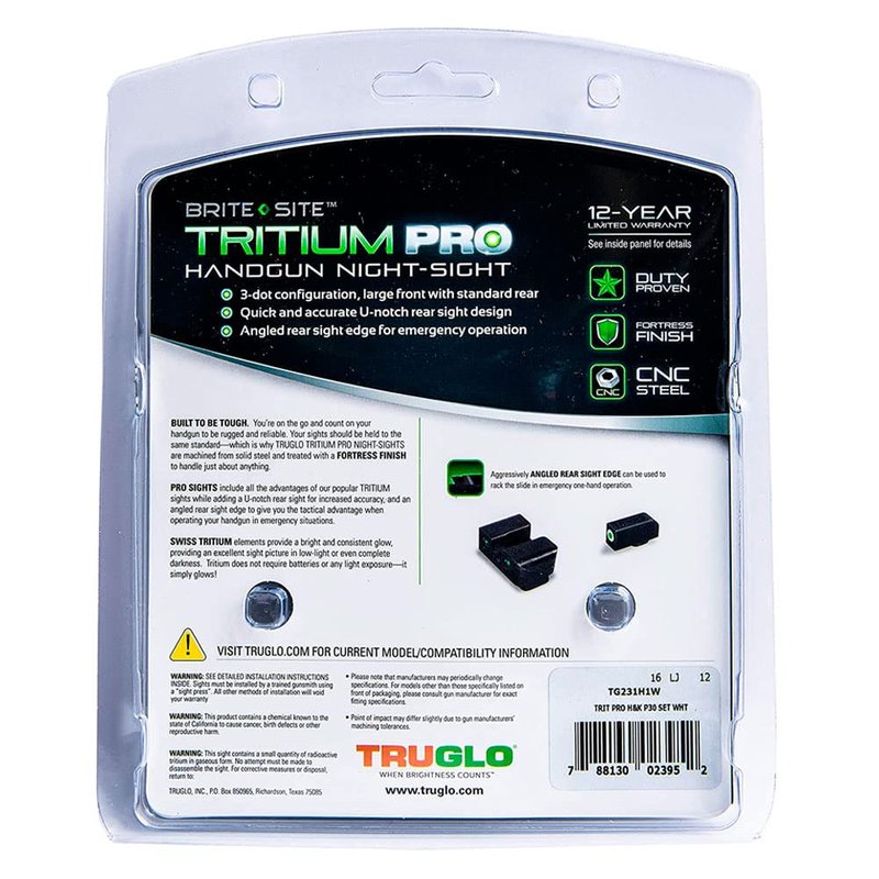 TRUGLO Tritium Pro Night Sights, Compatible with H&K VP9, VP40, P30SK, P30L, 45, & 45 Tactical (Including Compact) | Glow-in-The-Dark Front & Rear Gun Sight Set with White Focus Lock Front Ring