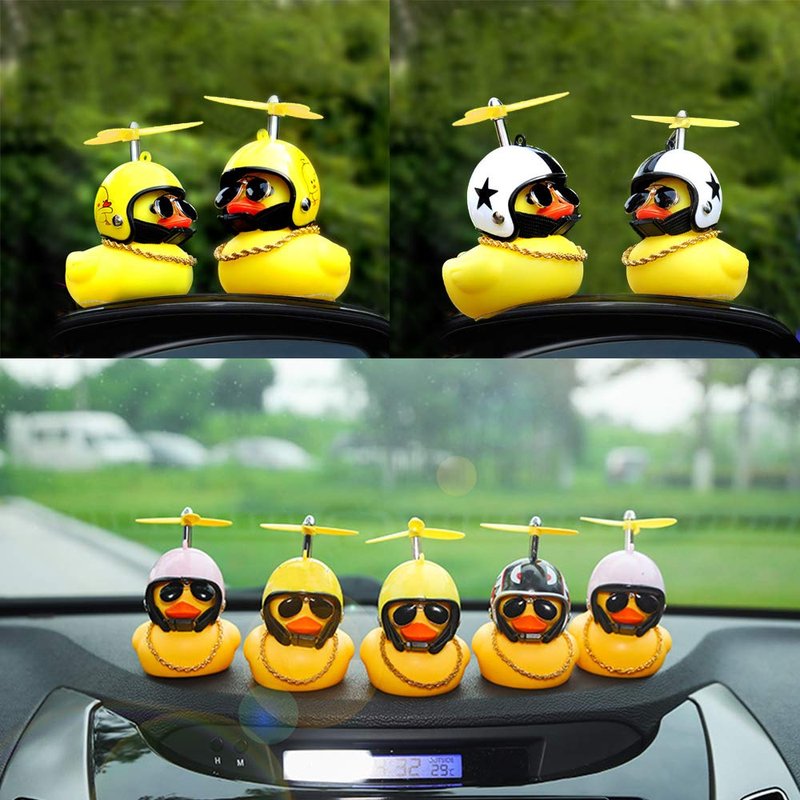 wonuu Rubber Duck Car Ornaments Yellow Duck Car Dashboard Decorations Squeeze Duck Bicycle Horns with Propeller Helmet