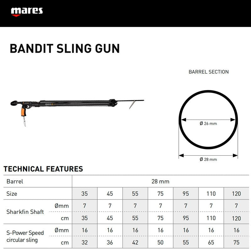 Mares Bandit Sling Speargun - Durable Easy to Use Spear Gun for Spearfishing - Ergonomic Handle, 7mm Shaft & 16mm Circular Elastic Band - 120cm