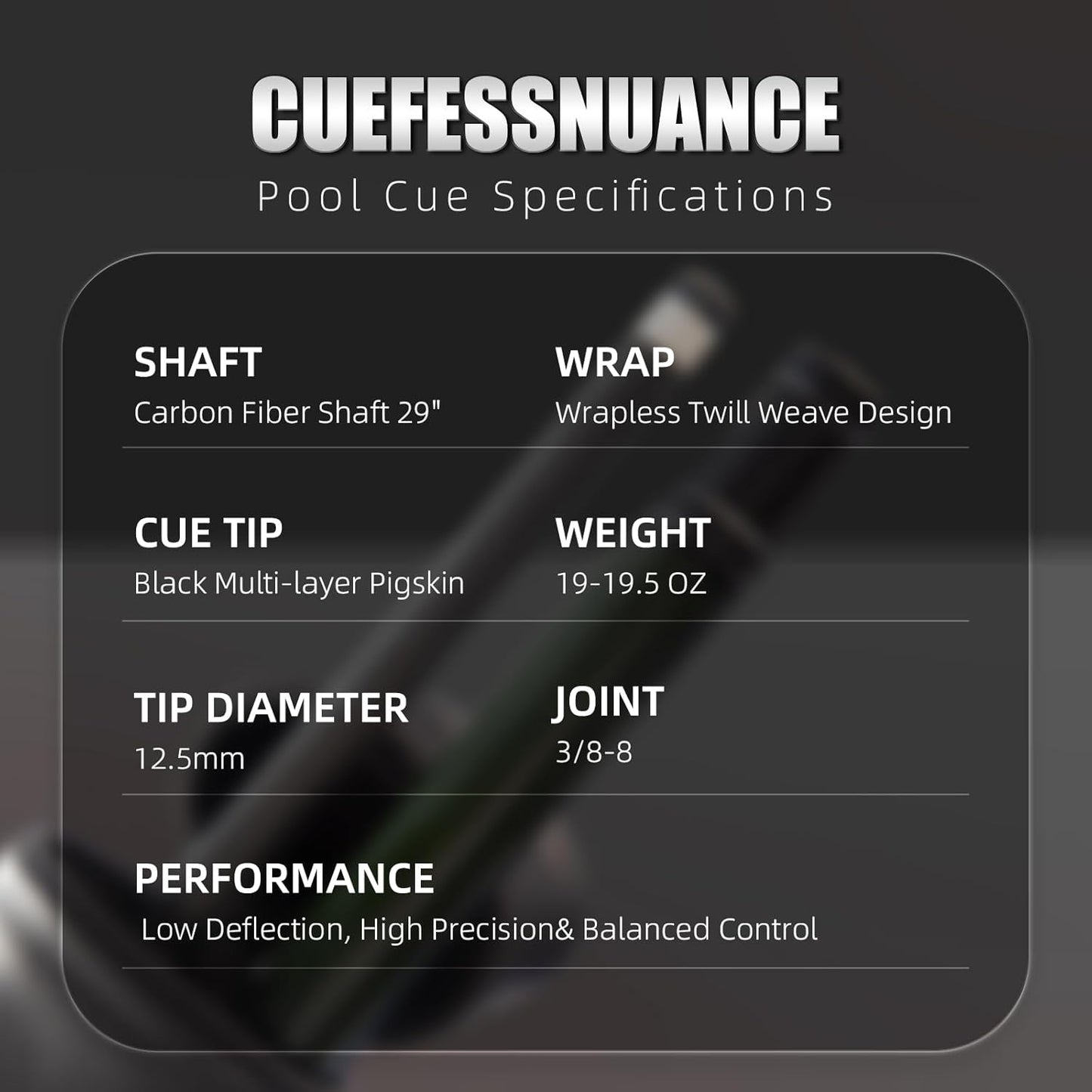 Carbon Fiber Pool Cue Stick - Low Deflection Billiard Cue with Premium Shaft & Wrapless Grip | 3/8-8 Joint