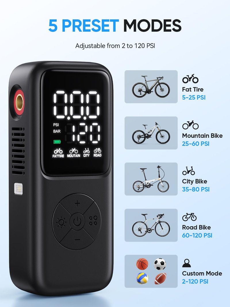 GPUTEK Mini Electric Bike Pump,120 PSI Bike Pump Portable with Guage Auto Stop, Bicycle Pump with Presta and Schrader, Bike Tire Pump Valve for Road Bicycle, Mountain Bike, E-Bike,Sports Ball
