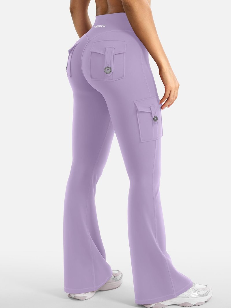 YEOREO CoreFlex Women Workout Flare Leggings with Pockets Hidden Scrunch High Waisted Cargo Gym Yoga Leggings Fog Purple XL