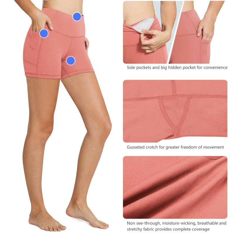 baleaf Biker Shorts Women Yoga Gym Workout Spandex Running Volleyball Tummy Control Compression with Pockets 5" Coral Pink S