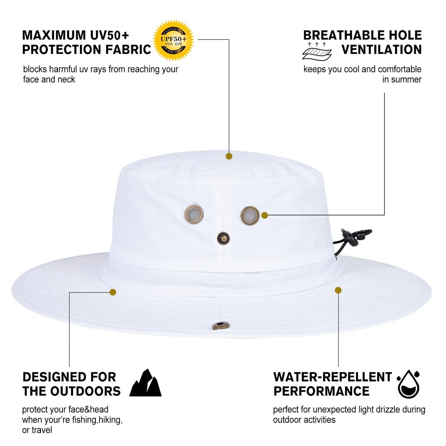 Comhats UPF 50 Sun Hats Wide Brim Summer Safari Hat Fishing Hiking Boonie Hats for Men Chin Strap Waterproof White Large X-Large L XL Oversize