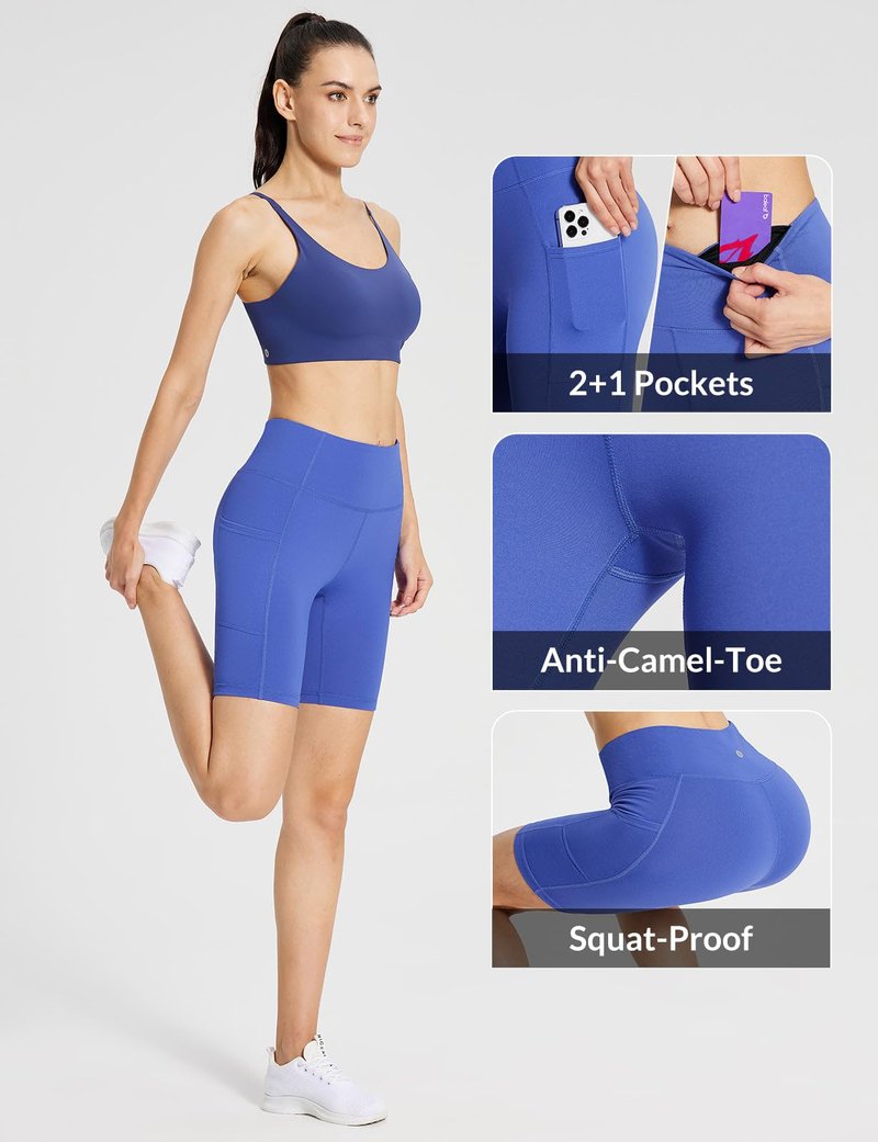 baleaf Biker Shorts Women Yoga Gym Workout Spandex Running Volleyball Tummy Control Compression with Pockets 8" Earth Blue XXL