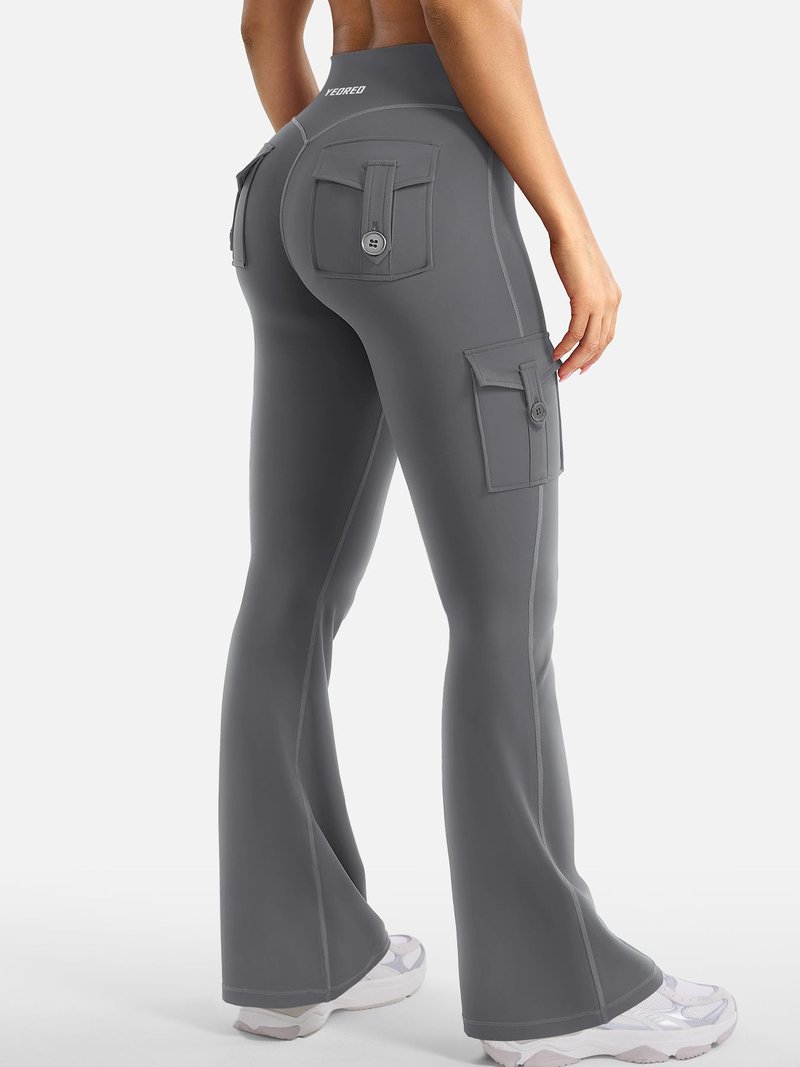 YEOREO CoreFlex Women Workout Flare Leggings with Pockets Hidden Scrunch High Waisted Cargo Gym Yoga No Front Seam Leggings Grey XXL