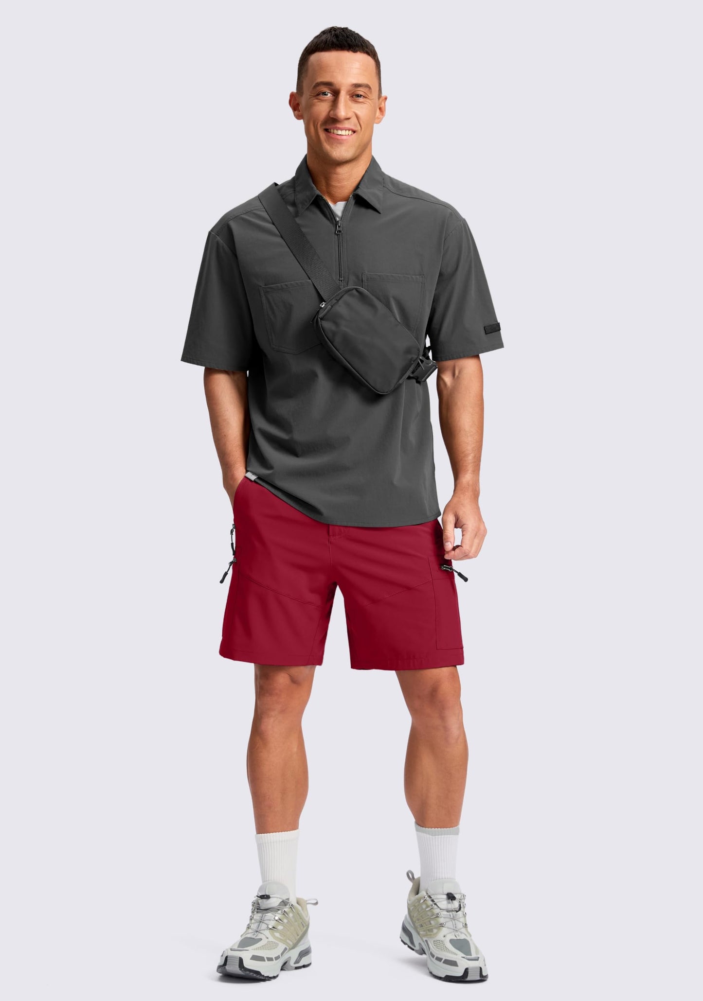 Pudolla Men's Hiking Cargo Shorts Lightweight 7" Travel Casual Shorts for Men Golf Work Outdoor with 5 Zipper Pockets(Red XX-Large)
