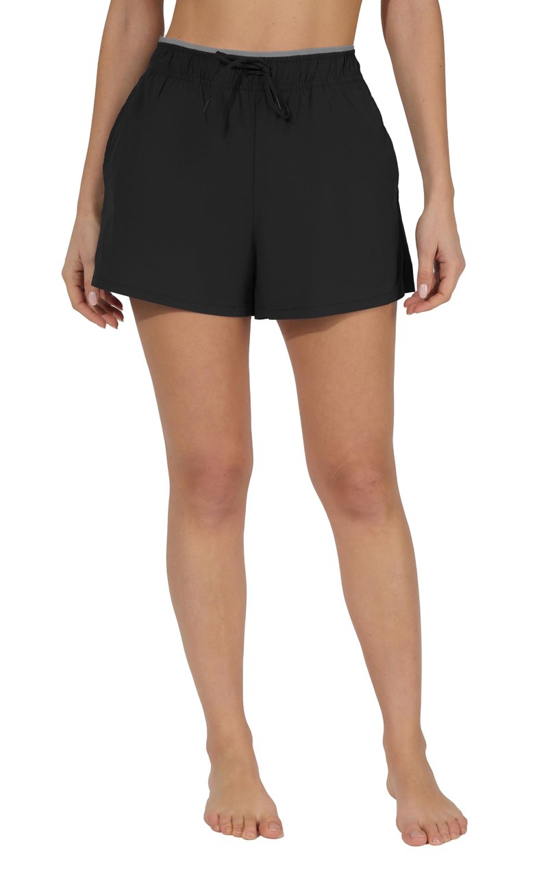Yogalicious Womens Running Short 3" Athletic 2-in-1 Inner Lining Lightweight Workout Short with Drawstring and Pockets - Black - Medium