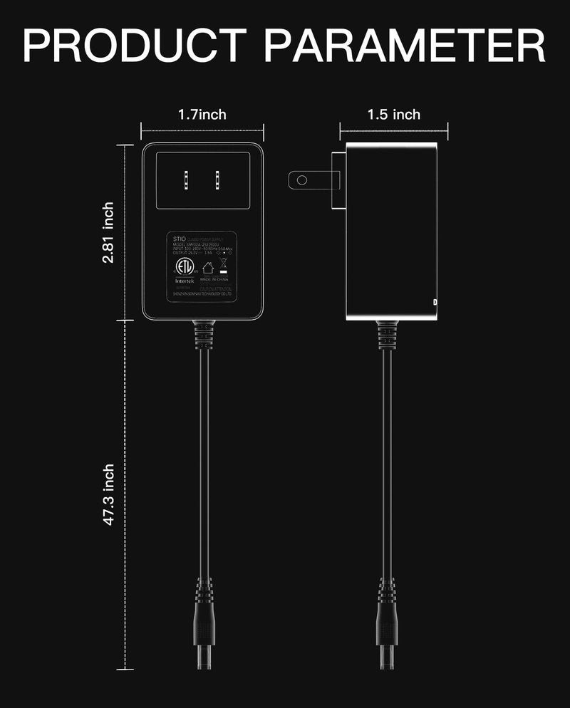stio 25.2V 1.5A AC/DC Adapter Compatible with Segway Ninebot Zing E8 E10 E12 C2 Pro E2 Plus C8 C9 C10 C15 C20,Model NB-25D2-00D8-US Power Supply Charger Fit for 21.6V Lithium Battery