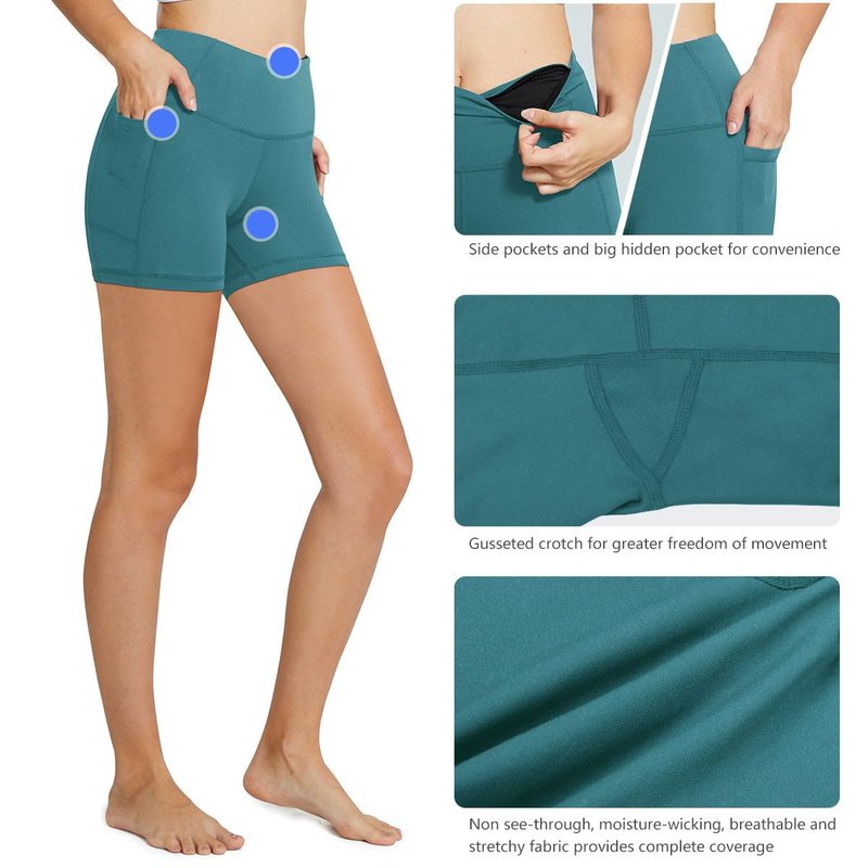 baleaf Biker Shorts Women Yoga Gym Workout Spandex Running Volleyball Tummy Control Compression with Pockets 5" Green M