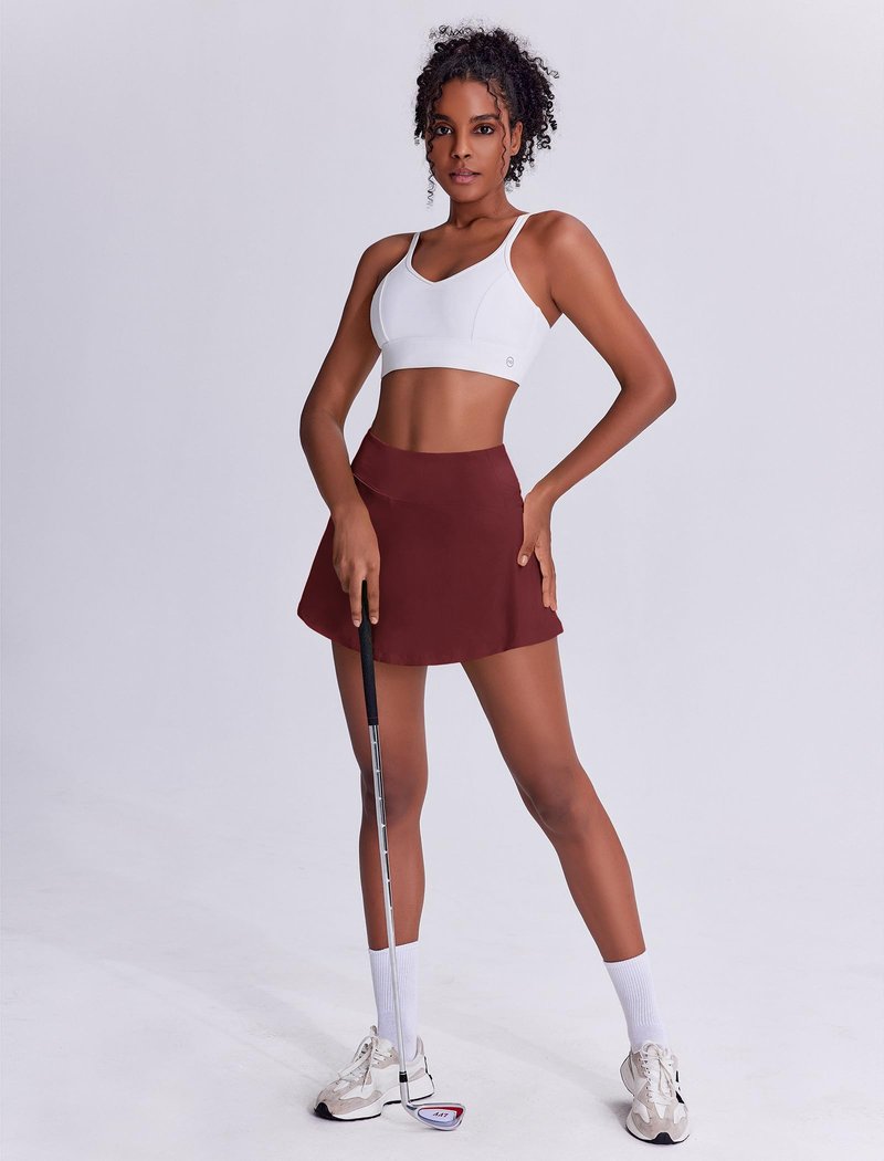 PINSPARK Skorts for Woman High Waisted Tennis Skirt Lightweight Golf Skirts with Pockets Flowy Pickleball Skirt Stretchy Athletic Skorts, Red Merlot X-Small