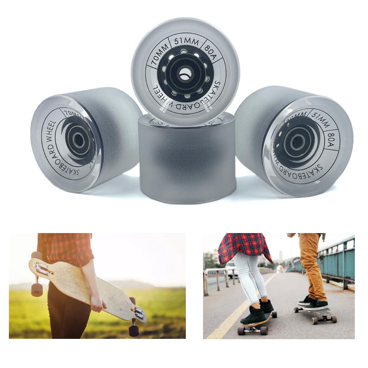 LOOEEL 70mm Longboard Wheels 80A Contains ABEC-9 Bearings and Spacers,Skateboard Riser Pads,Skateboard Hardware Screws Bolts,fit for Your Longboard Skateboards.-Transparent Frosted