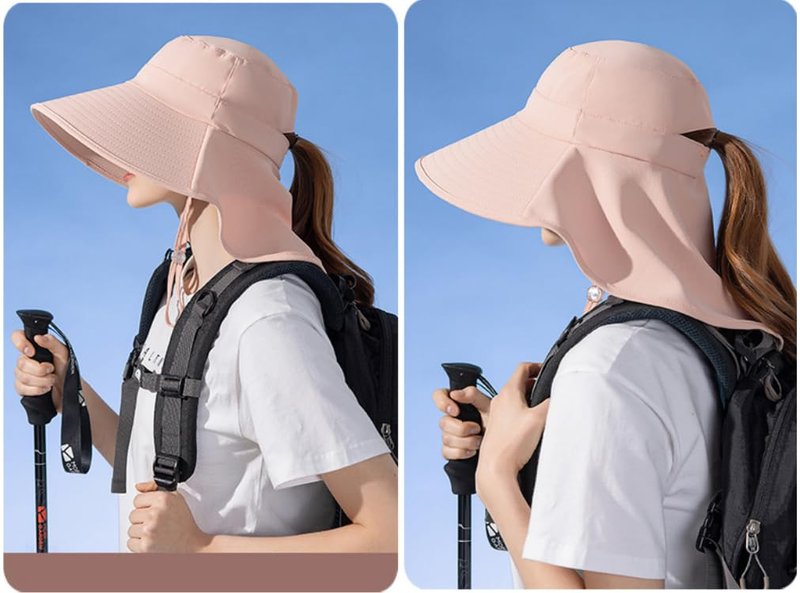 Sun Hat for Women with UV Protection Summer Wide Brim with Neck Flap Upf50+ Ponytail Hole Fishing Bucket Hat Hiking Garden Beige