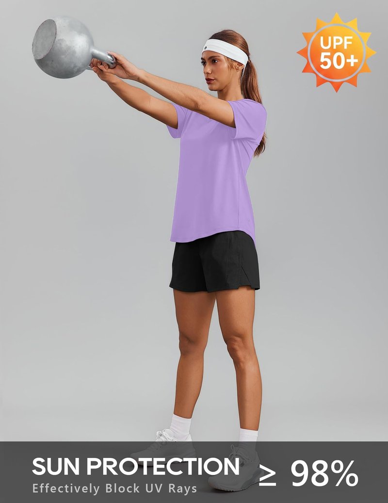 PINSPARK Hiking Shirts for Women UPF 50 Sun Protection Short Sleeve V Neck Moisture Wicking Quick Dry Outdoor Athletic Tops,Lavender Medium