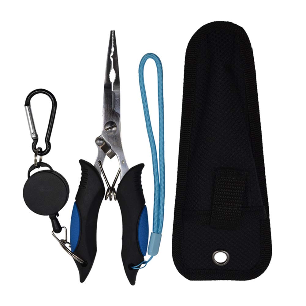 Amoygoog Stainless Steel Fishing Pliers - Needle Nose Plier for Cutting Fishing Line, Multitool Pliers with Sheath and Telescopic Lanyard | Fishing Tools