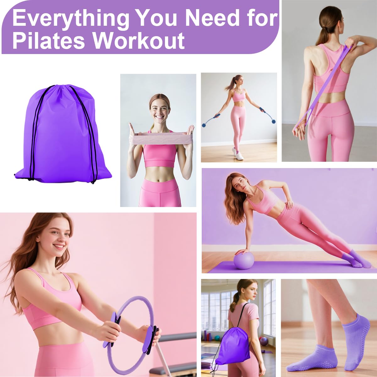 CoreHarmony Pilates Equipment Kit for Women, Magic Circle Ring with Mini Ball, Multi Level Resistance Bands, Stretch Strap and Grip Socks, Women’s Day Gift