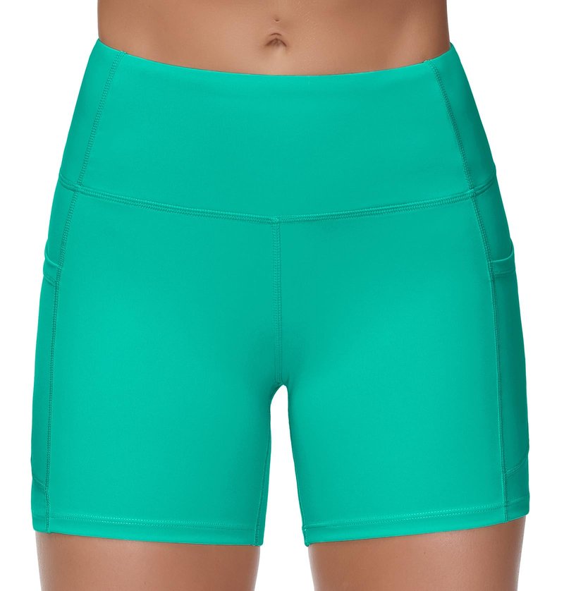 THE GYM PEOPLE High Waist Yoga Shorts for Women Tummy Control Fitness Athletic Workout Running Shorts with Deep Pockets Lake Green