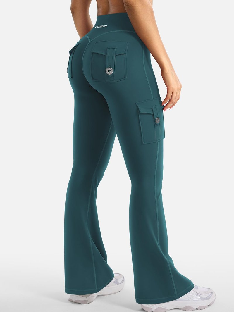 YEOREO CoreFlex Women Workout Flare Leggings with Pockets Hidden Scrunch High Waisted Cargo Gym Yoga Leggings Mediterranea S