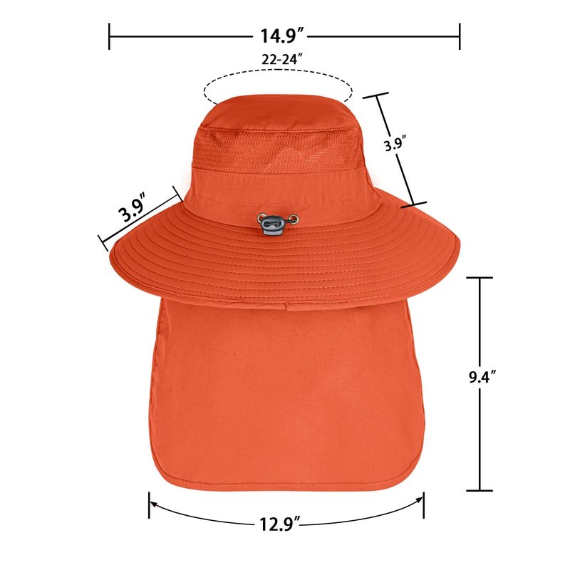 Sun Hats for Men Women Fishing Hat UPF 50+ Breathable Wide Brim Bucket Hats Summer UV Protection Safari Hat with Neck Flap Orange