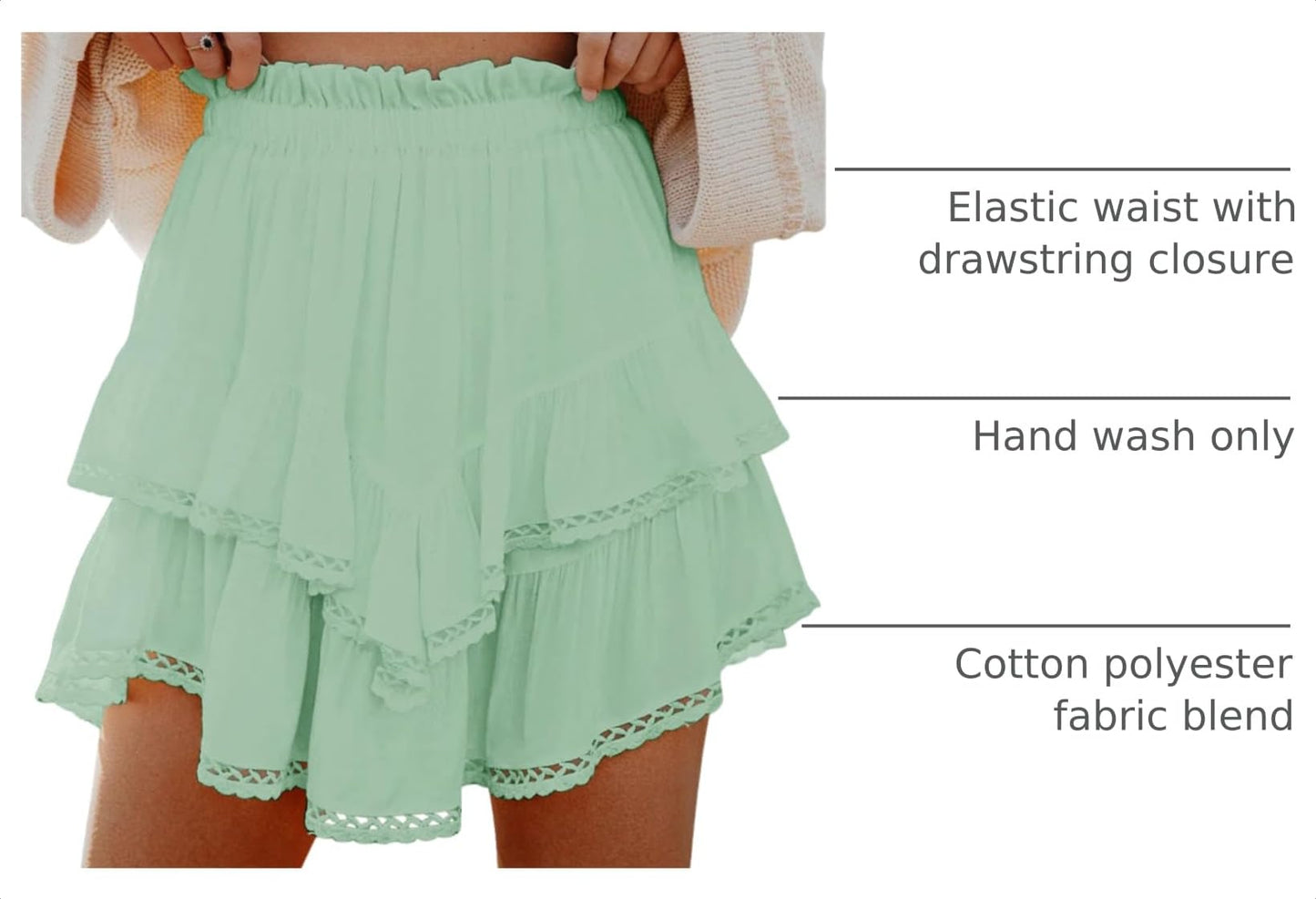Aoudery Flowy Shorts for Women Casual Boho Ruffle Tiered Skorts High Waist Mini Skirts Golf Tennis Butterfly Crochet Shorts - Light Green S